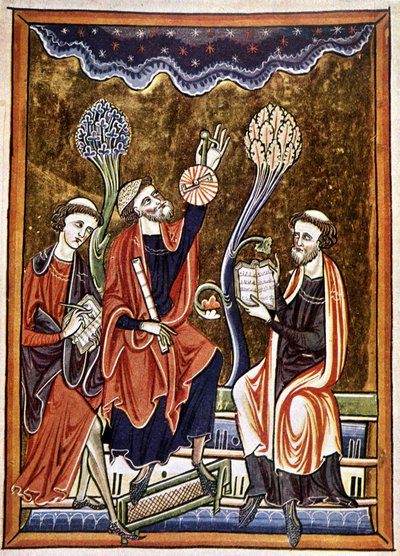 Ms 1186 f.1, El Astrónomo, el Escriba y el Computista, facsímil de una miniatura tomada del Libro de Salmos (Salterio) de San Luis y Blanca de Castilla de French School