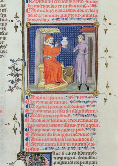 Ms 126 fol.200v Un doctor realizando un análisis de orina, de un manuscrito por Rhazes (Ibn Zakariya) (860-c.923) de French School
