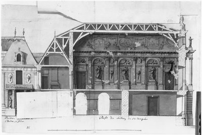 Sección transversal sur-norte del Gran Salón y la Sala de Diana del Chateau de Versailles construidos por Louis Le Vau de French School