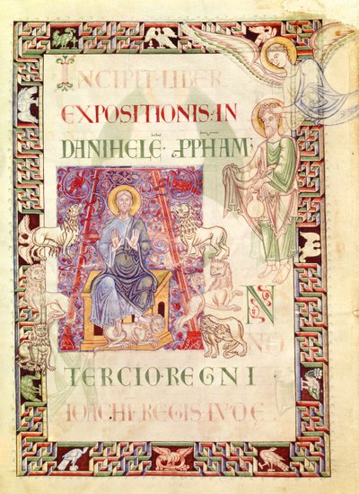 Ms 132 f.2v Daniel en el foso de los leones alimentado por Habacuc, de 