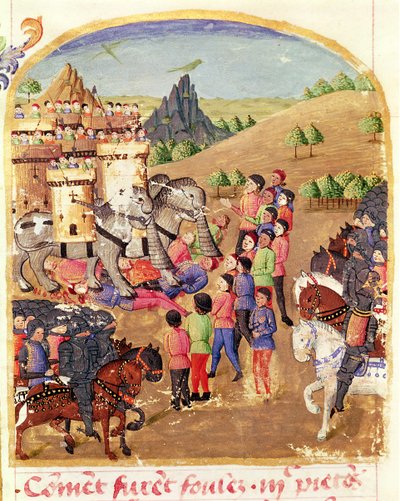Ms 1335 fol.217 Los elefantes de guerra, de la Vida de Alejandro Magno de French School