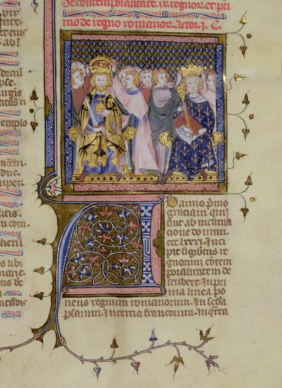 Ms 13. fol 232 Coronación de Luis IX (121415-70) y probablemente de Federico II (1194-1250), de un Salterio por Pierre Lombard, principios del siglo XV de French School