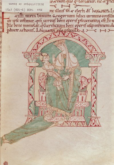 Ms 1408 fol.51 Virgen y Niño con San Gregorio Magno (540-604) de Sermones et Vies de Saints de French School