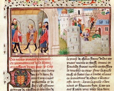 Ms 149 t.1 fol.16 Un acuerdo y la construcción de un castillo, de la Histoire des Nobles Princes de Hainaut, por Jacques de Guise de French School