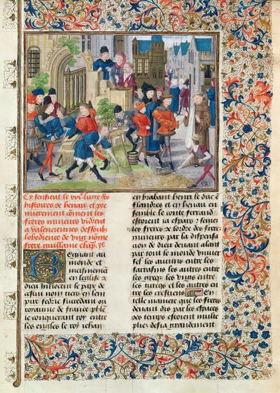 Ms 149 t.3 f.235 Construcción de los cimientos del Monasterio de los Menores en Valenciennes, de la Histoire des Nobles Princes de Hainaut, por Jacques de Guise de French School