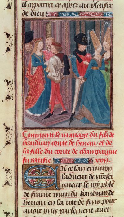 Matrimonio de Balduino VI y María, hija del Conde de Champaña, de la Histoire des Nobles Princes de Hainaut, por Jacques de Guise de French School