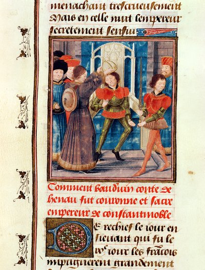 Ms 149 t.3 fol.183v Cómo Balduino I (1171-1205) Sexto Conde de Henao, fue coronado como Emperador de Constantinopla en 1204, de la Histoire des Nobles Princes de Hainaut, por Jacques de Guise de French School