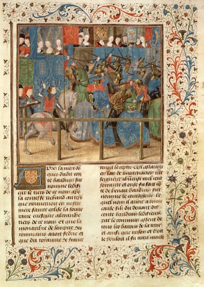 Ms 149 t.3 fol.82 Una escena de torneo, de la Histoire des Nobles Princes de Hainaut, por Jacques de Guise de French School
