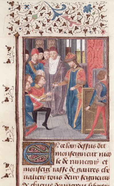 Ms 149 t.3 fol.95v Nombramiento de Dos Caballeros, de la Histoire des Nobles Princes de Hainaut, por Jacques de Guise de French School