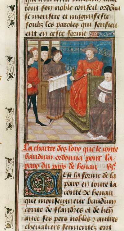 Ms. 149t.3 fol.175 v Carta de las Leyes que el Conde Baudouin VI de Hainault Ordena para la Paz del País de Hainault de French School