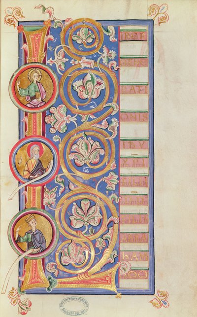 Ms 14 fol.23 Letra historiada L con medallones, de un Evangeliario de French School