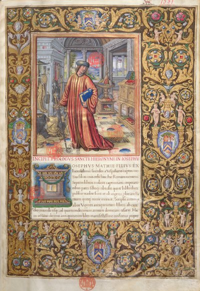 Flavio Josefo en su estudio, ilustración para el Prólogo de las Antigüedades de los Judíos (Antiquitates Judaicae) de Flavio Josefo, c.1503 de French School