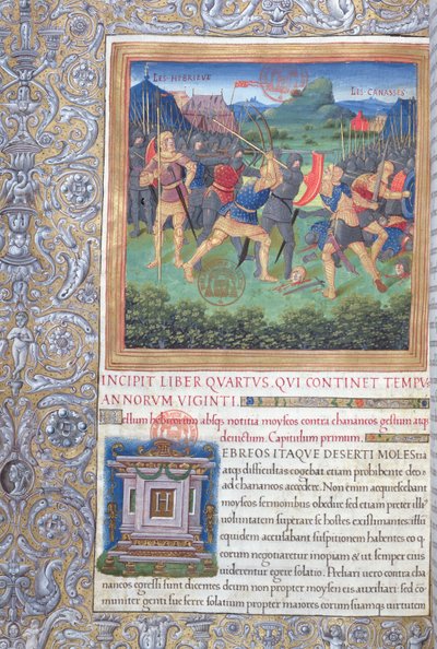 Ilustración del Libro IV (Desde el Rechazo de esa Generación hasta la Muerte de Moisés), Capítulo 1 de las Antigüedades de los Judíos (Antiquitates Judaicae) de Flavio Josefo - Lucha de de French School