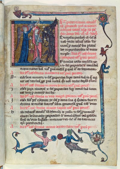 Ms 16261 fol.13v Santa Genoveva luchando contra un demonio con la ayuda de un ángel, del Censier de l