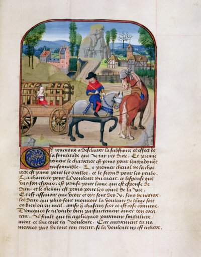 Ms 165 fol.46r Dama en un carro cubierto tirado por dos caballos, de la Instrucción de un Joven Príncipe por René de Anjou, c.1465-68 de French School
