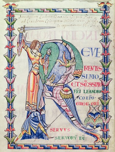 Inicial historiada R que representa a un caballero luchando contra un dragón, del Moralia in Job de Papa Gregorio el Grande de French School