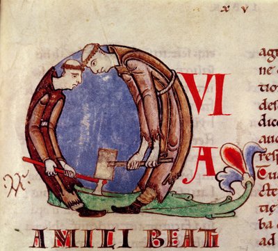 Ms 170 fol.59 Inicial historiada Q que representa a monjes cortando madera, de Moralia in Job por el Papa Gregorio el Grande de French School