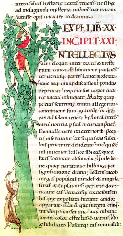 Inicial historiada I que representa a un monje y un laico cortando y podando un árbol, de Moralia in Job de Papa Gregorio el Grande de French School