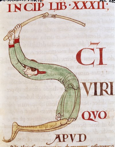 Inicial historiada S que representa a un hombre trillando, del Moralia in Job de Papa Gregorio el Grande de French School