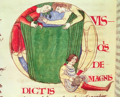 Inicial historiada Q que representa a los pañeros, de Moralia in Job por el Papa Gregorio el Grande, Escuela de Borgoña de French School