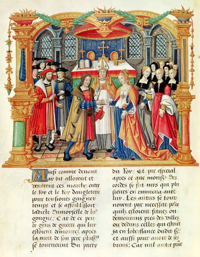 Ms 18 f.185v Matrimonio de María de Borgoña y Maximiliano I, Emperador de Austria, de las Memorias de Felipe de Commines (1445-1509) de French School