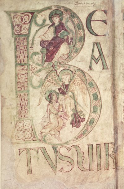 Inicial historiada B que representa a San Juan Evangelista y un ángel, del Salterio de Corbie de French School