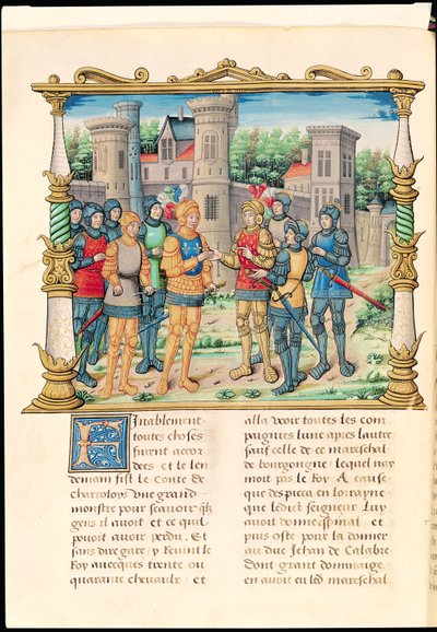 Ms 18 f.32v El Tratado de Conflans entre Luis XI y Carlos el Temerario, Duque de Borgoña, octubre de 1465, de las Memorias de Philippe de Commines de French School