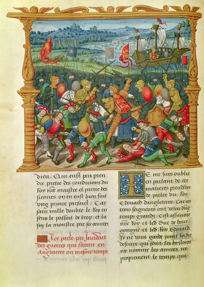 Ms 18 f.73v El Rey Eduardo III Librando la Batalla de Crécy en 1346, de las Memorias de Felipe de Commines (1445-1509) de French School