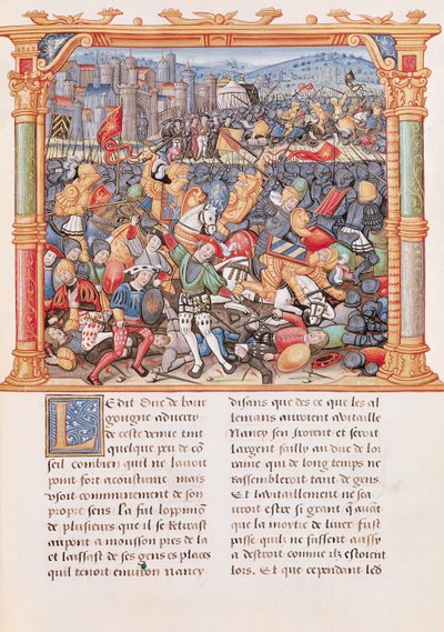 Ms 18 fol.150r Batalla de Nancy en 1477, de los Memorias de Philippe de Commines de French School