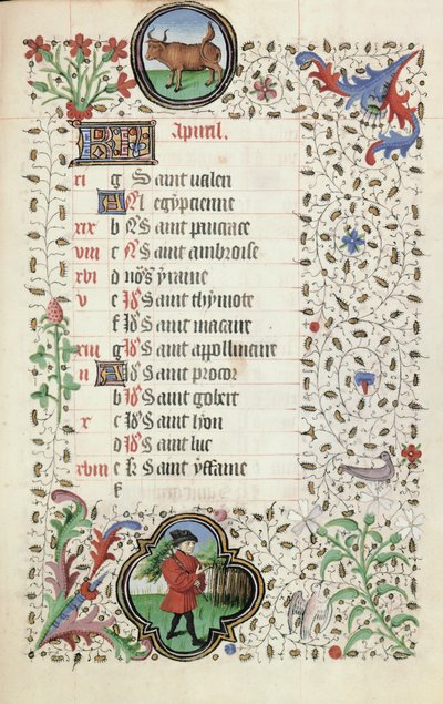 Ms 19 Abril: Tauro y un hombre llevando una rama, de un Libro de Horas, principios del siglo XV de French School