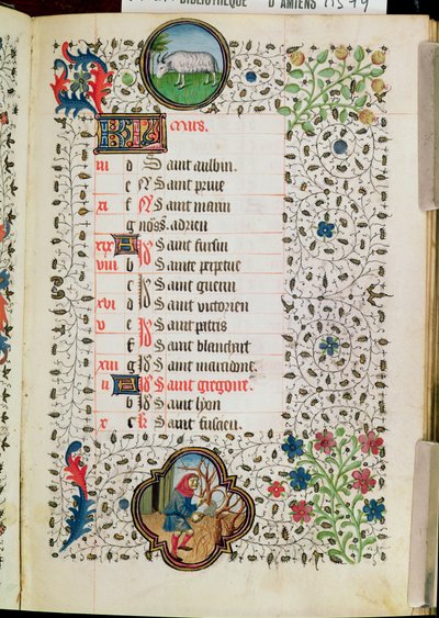 Ms 19 de marzo: Aries y un hombre talando árboles, de un Libro de Horas, principios del siglo XV de French School