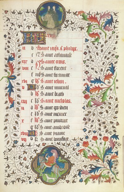 Ms 19 Mayo: Géminis y un hombre cazando, de un Libro de Horas, principios del siglo XV de French School