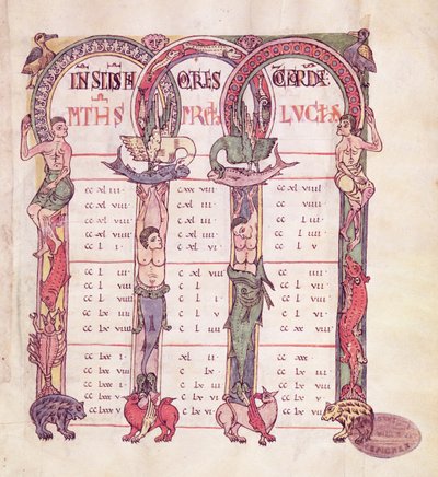 Ms. 1 Tablas canónicas de los Evangelistas decoradas con animales fantásticos, del Evangelio de Saint-Michel-de-Cuxa, c.1070-1130 de French School