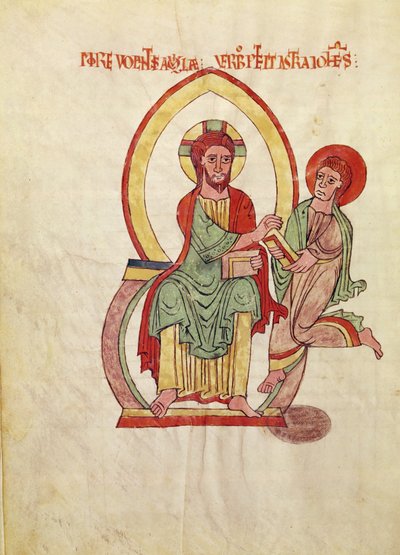 San Juan corriendo para recibir el Evangelio de Cristo, sentado dentro de una mandorla, miniatura del Evangelio de Saint-Michel-de-Cuxa, c.1070-1130 de French School