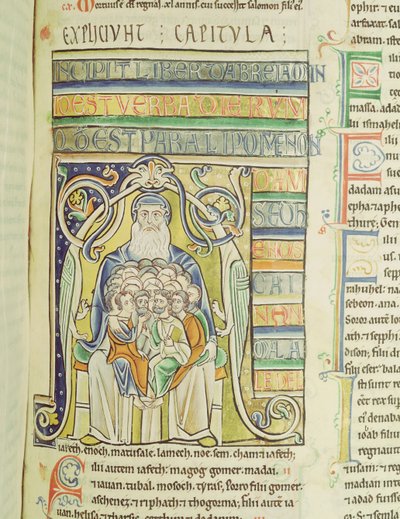 Ms 1 f.256 Letra historiada A que representa generaciones en el seno de Abraham, de la Biblia de Souvigny de French School