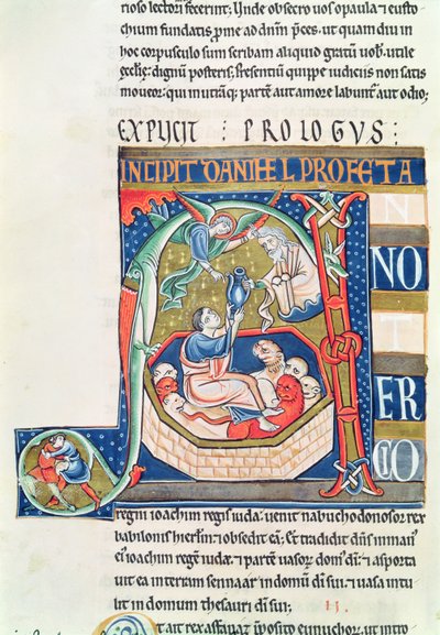 Ms 1 fol.185v Inicial historiada A que representa a Daniel en el foso de los leones, de la Biblia de Souvigny de French School
