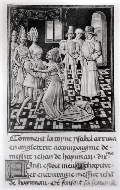 Ms. 1 fol. 6 v Isabel de Francia, Reina de Inglaterra, se despide de Guillermo I, Conde de Hainaut, de la Crónica de Froissart de French School