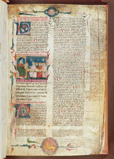Ms. 2046 fol. 1 Escena de instrucción, primera página de Aforismos de Hipócrates con Comentarios de Galeno de French School