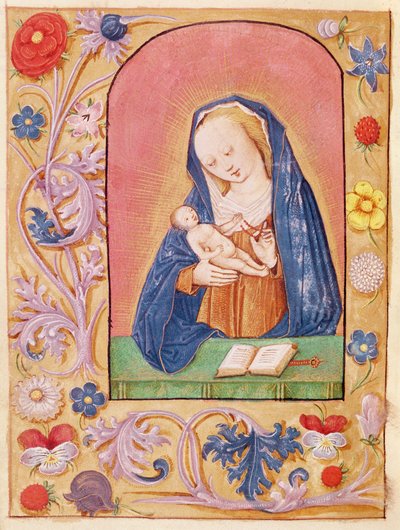 Ms 20 fol.42v La Virgen y el Niño jugando con un rosario, de un Libro de Horas, principios del siglo XV de French School