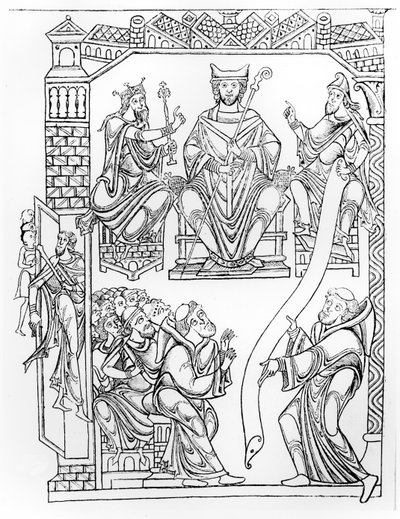 Cartulario de Mont Saint-Michel: el Duque Ricardo II de Normandía haciendo una donación de tierras y privilegios al monasterio de Mont St. Michel (grabado después de un dibujo de la década de 1150) de French School