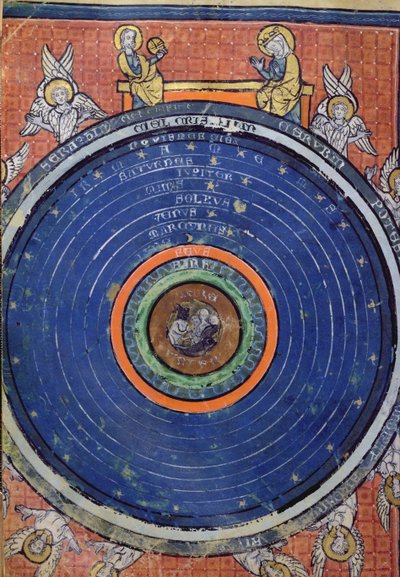 Ms 2200 f.115v. El Mundo, según Aristóteles, miniatura de De Philosophia Mundi por Guillaume de Conches (1100-54) 1276-77 de French School