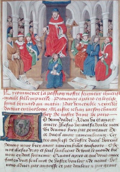 Ms 230 fol.1 Jean de Gerson (1363-1429) predicando la Pasión en la mañana en la Iglesia de San Bernardo en París, de Sermones sobre la Pasión y Tratados Diversos, c.1480 de French School