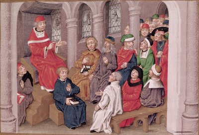 Ms 230 fol.25 Jean de Gerson (1363-1429) predicando la Pasión después de la cena en la Iglesia de San Bernardo, París, de Sermones sur la Passion et Traites Divers, c.1480 de French School
