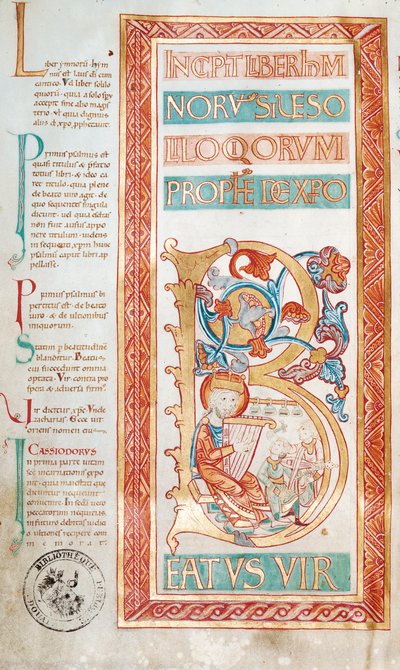 Ms 232 f.3v Inicial historiada B que representa al rey David, de un libro de salmos de French School