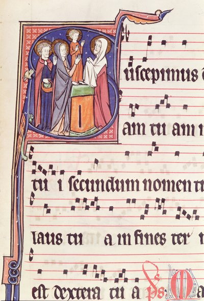 Inicial historiada S que representa la Presentación de Jesús en el Templo, del Antifonario para la consagración de la Iglesia Abacial de Vauclair, 1257 de French School