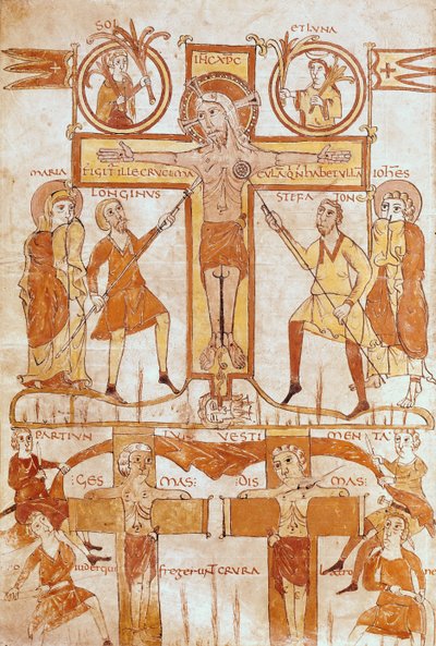 Ms 24 fol.7v La Crucifixión y la División de las Ropas del Salvador, de un Evangelio de French School