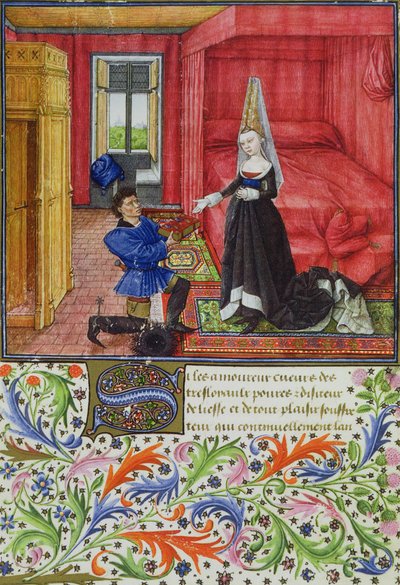 Ms 2617 El escriba dedicando La Teseida a una joven desconocida, de La Teseida, por Giovanni Boccaccio (1313-75) 1340-41 de French School