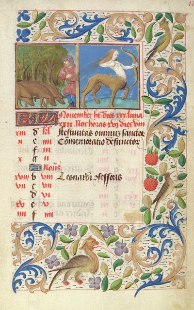 Ms 2697 Calendario para el mes de noviembre, de las Horas de Nuestra Señora de French School
