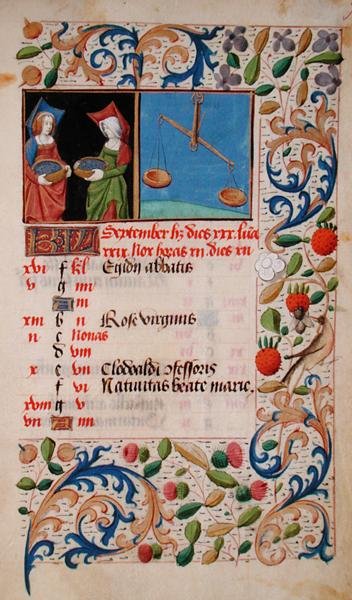 Ms 2697 Calendario para el mes de septiembre, de las 