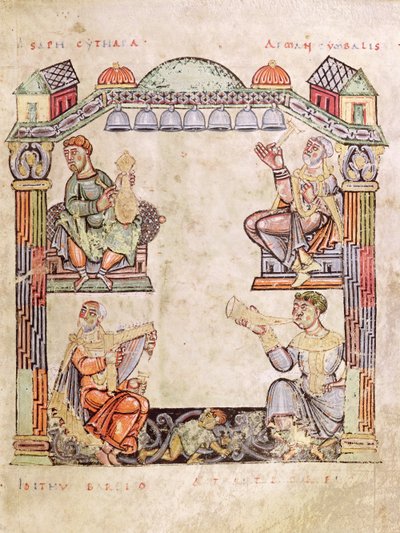 Ms 2 fol.11 (6) Cuatro músicos, de un Libro de Horas de French School